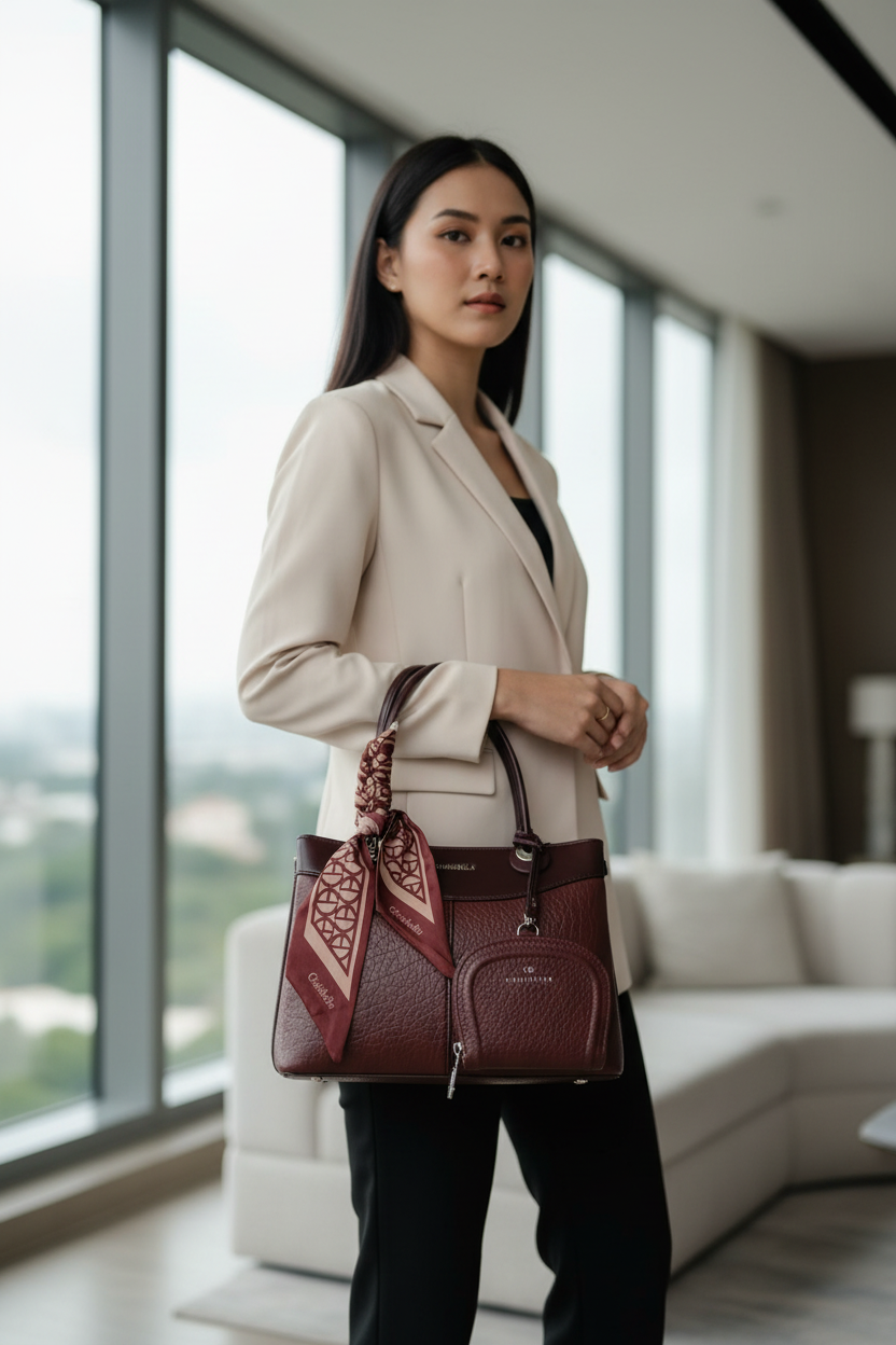 Chrisbella Burgundy Maroon Luxury Handbag with Sling & Matching Pouch – Elegant Textured Top Handle Bag for Women | UAE
