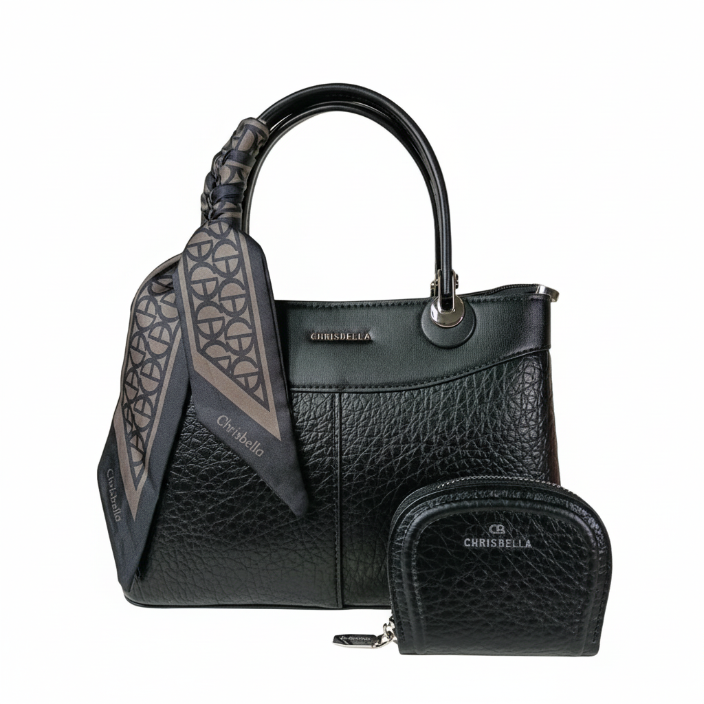 Chrisbella black luxury handbag with sling, scarf and matching wallet for women in UAE