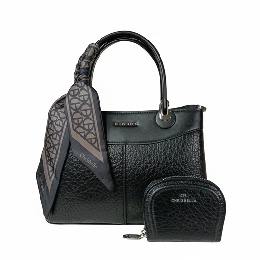Chrisbella black luxury handbag with sling, scarf and matching wallet for women in UAE