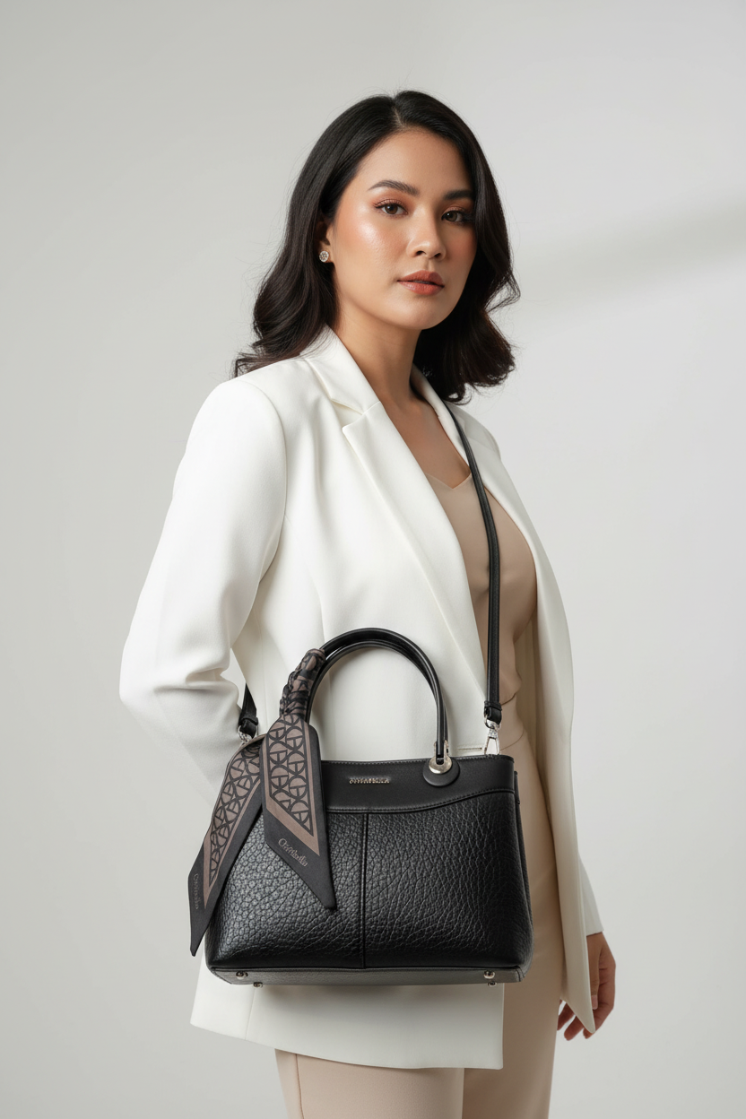 Chrisbella black luxury handbag with sling, scarf and matching wallet for women in UAE