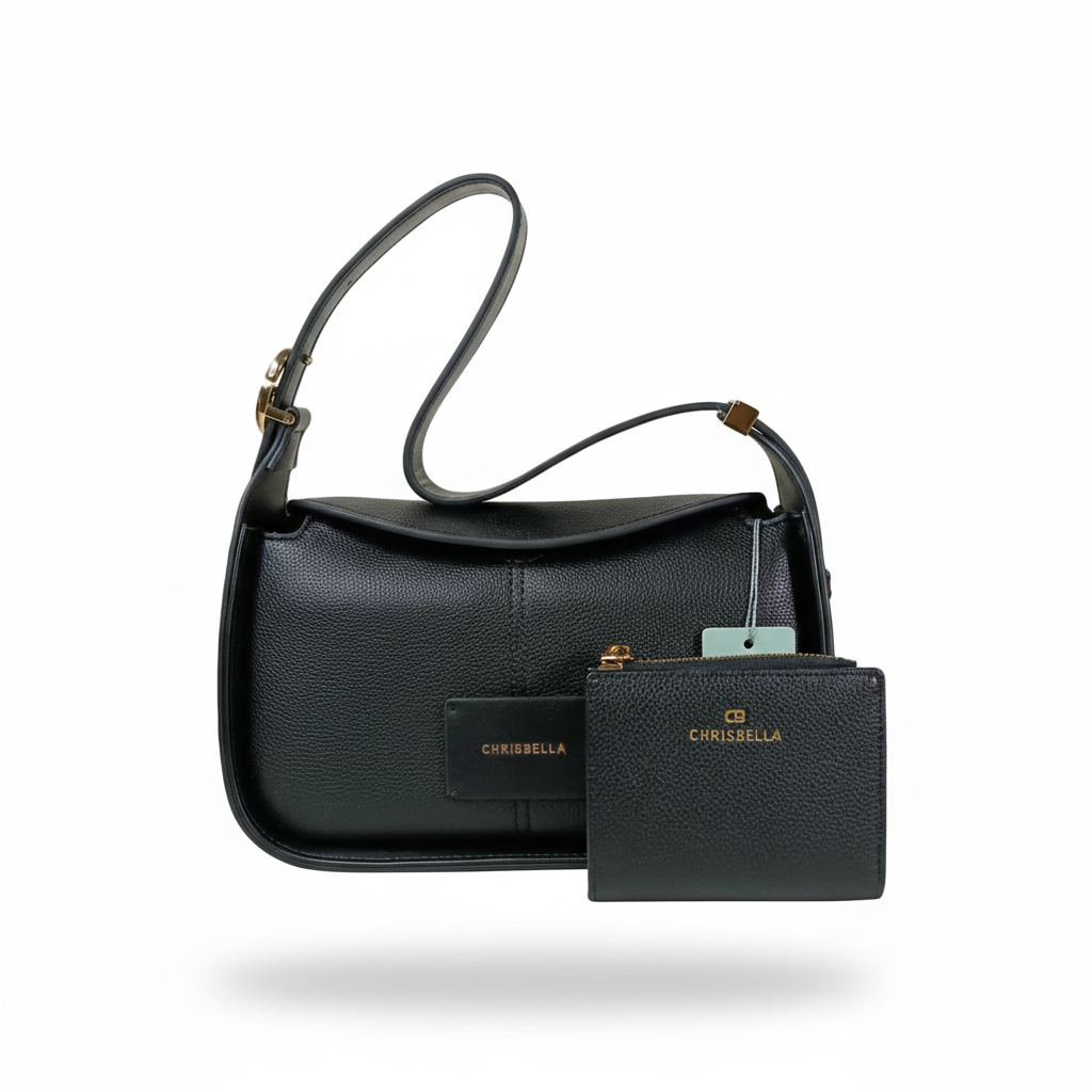 Chrisbella black luxury shoulder hobo bag with adjustable sling and matching wallet for women in UAE