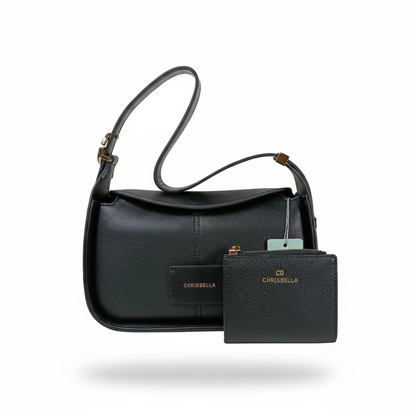 Chrisbella black luxury shoulder hobo bag with adjustable sling and matching wallet for women in UAE