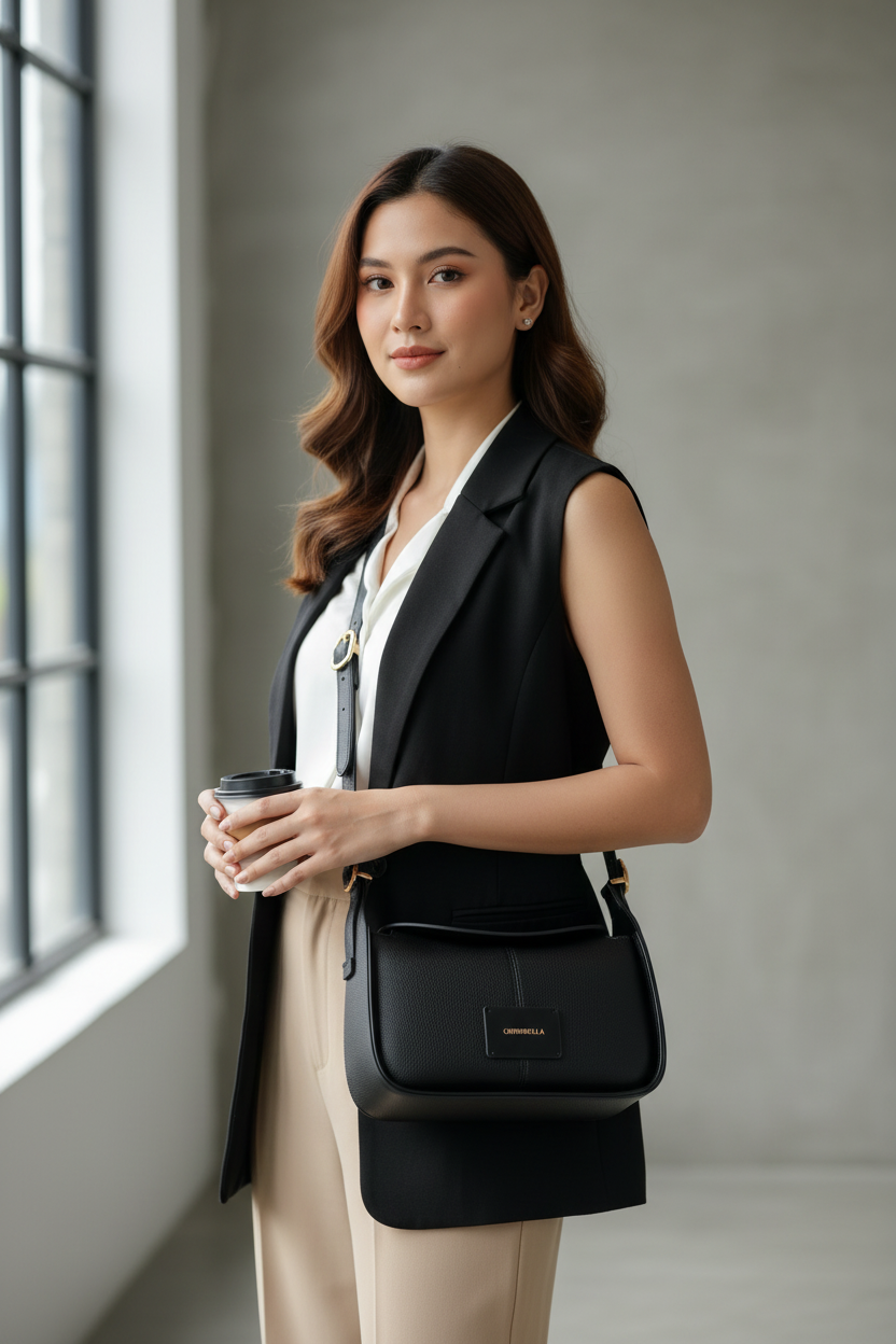 Chrisbella black luxury shoulder hobo bag with adjustable sling and matching wallet for women in UAE