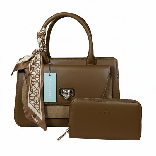 Chrisbella coffee luxury handbag with sling and matching wallet for women in UAE