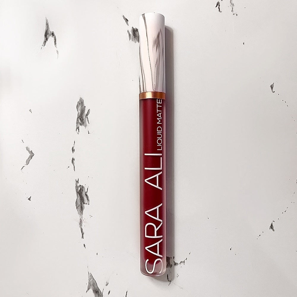 Sara Ali Cosmetics Leo warm tone deep maroon lipstick