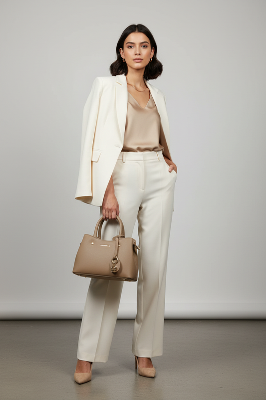 Model carrying beige Chrisbella handbag