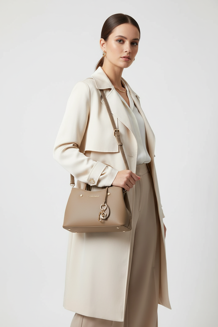 Model wearing beige handbag with strap
