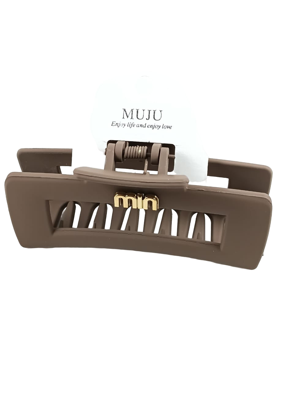 Brown hair clip with 'MUJU' branding on a white background