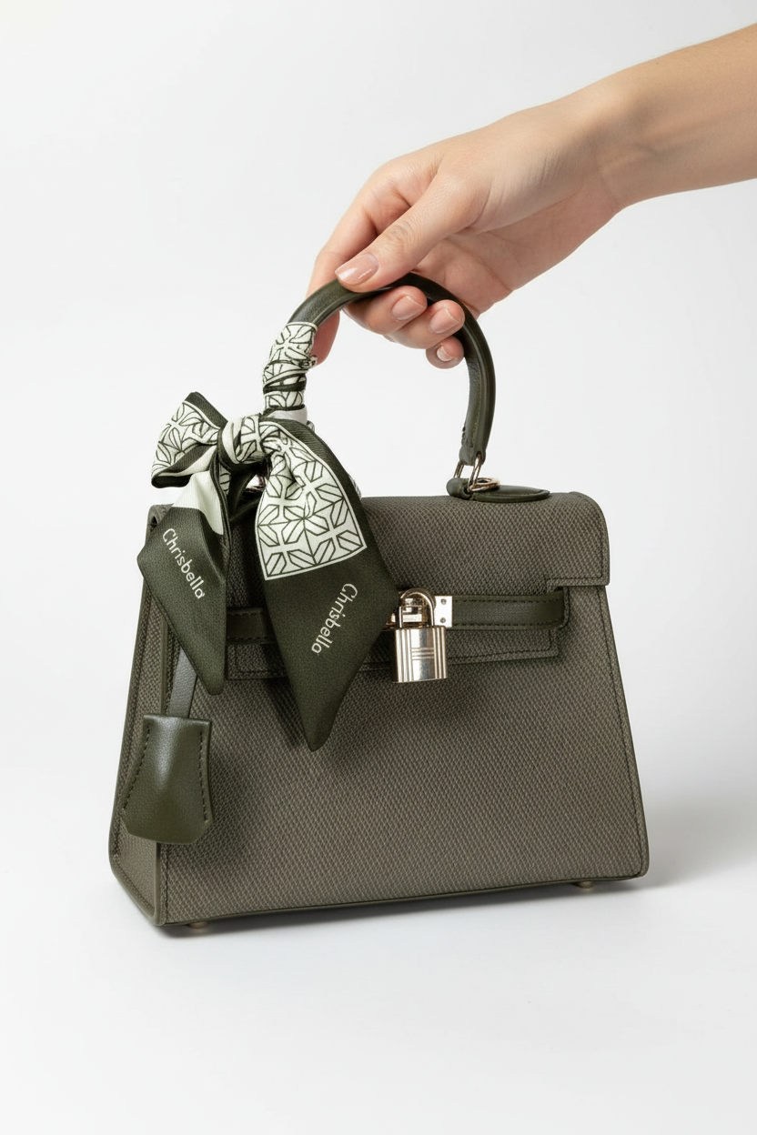 Chrisbella army green luxury structured handbag with scarf and lock for women in UAE