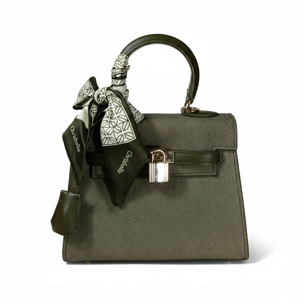 Chrisbella Army Green Luxury Structured Handbag with Scarf & Lock ...
