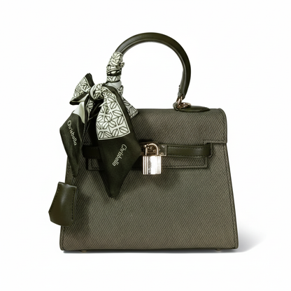 Chrisbella army green luxury structured handbag with scarf and lock for women in UAE