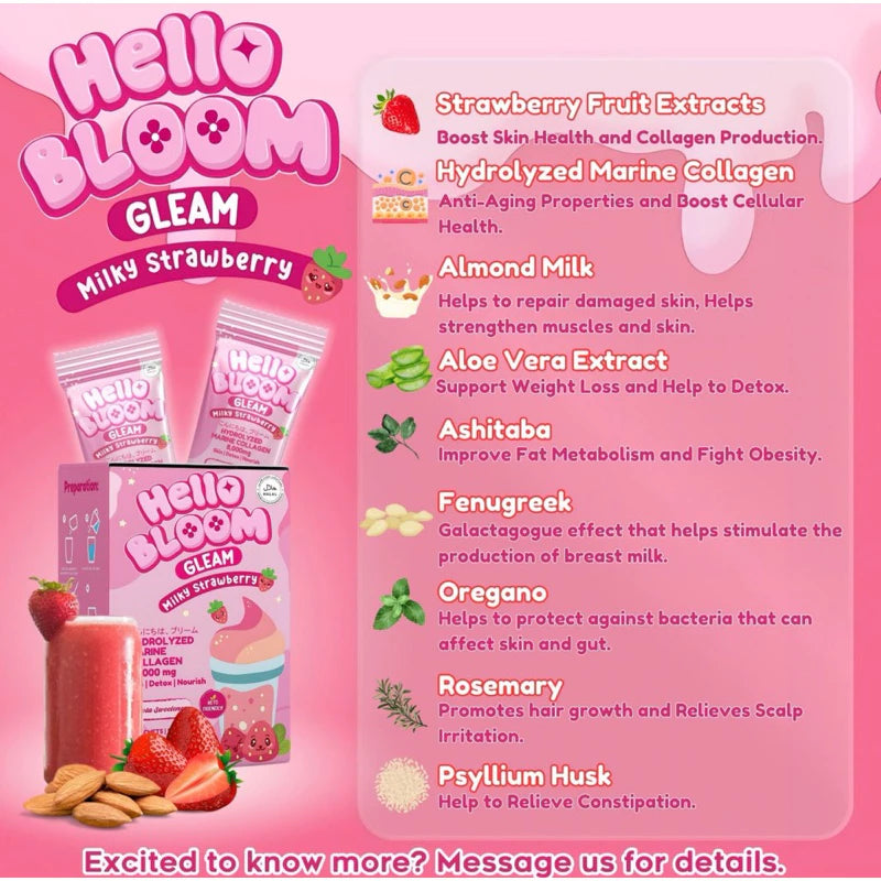 KIRAY CELIS Hello Bloom Gleam Milky Strawberry – 10 Sachets (180g) | Creamy Fruit Milk Drink | UAE