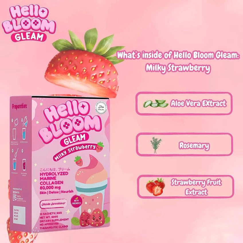 Hello Bloom Gleam Milky Strawberry – Strawberry Milk Drink Sachets UAE