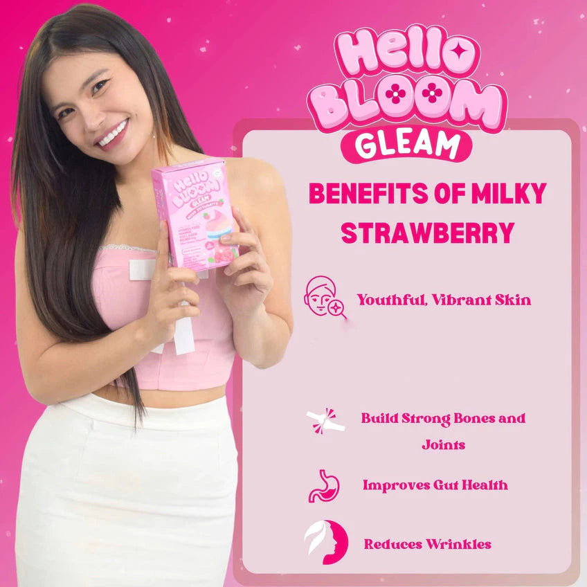 Hello Bloom Gleam Milky Strawberry – Strawberry Milk Drink Sachets UAE