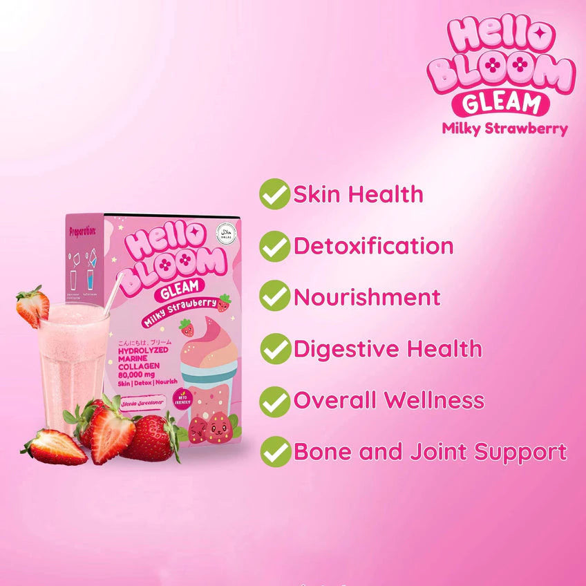Hello Bloom Gleam Milky Strawberry – Strawberry Milk Drink Sachets UAE