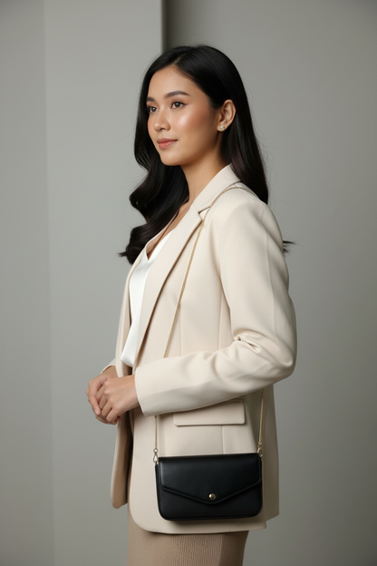 Chrisbella black luxury shoulder bag with gold hardware and matching wallet for women in UAE