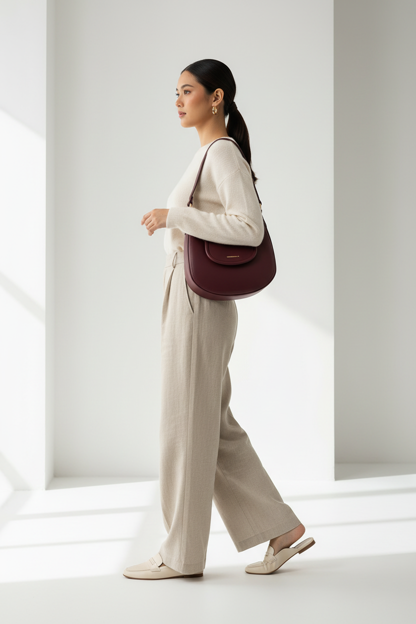 Side view of burgundy hobo bag worn under arm with short strap