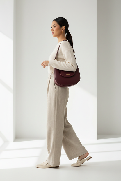 Side view of burgundy hobo bag worn under arm with short strap