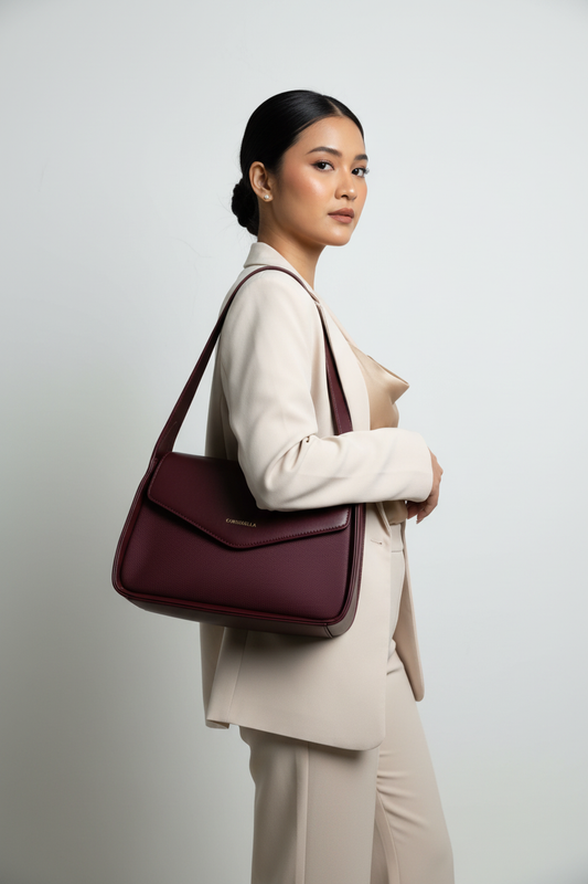 Chrisbella burgundy wine luxury shoulder bag with envelope flap and matching wallet for women in UAE
