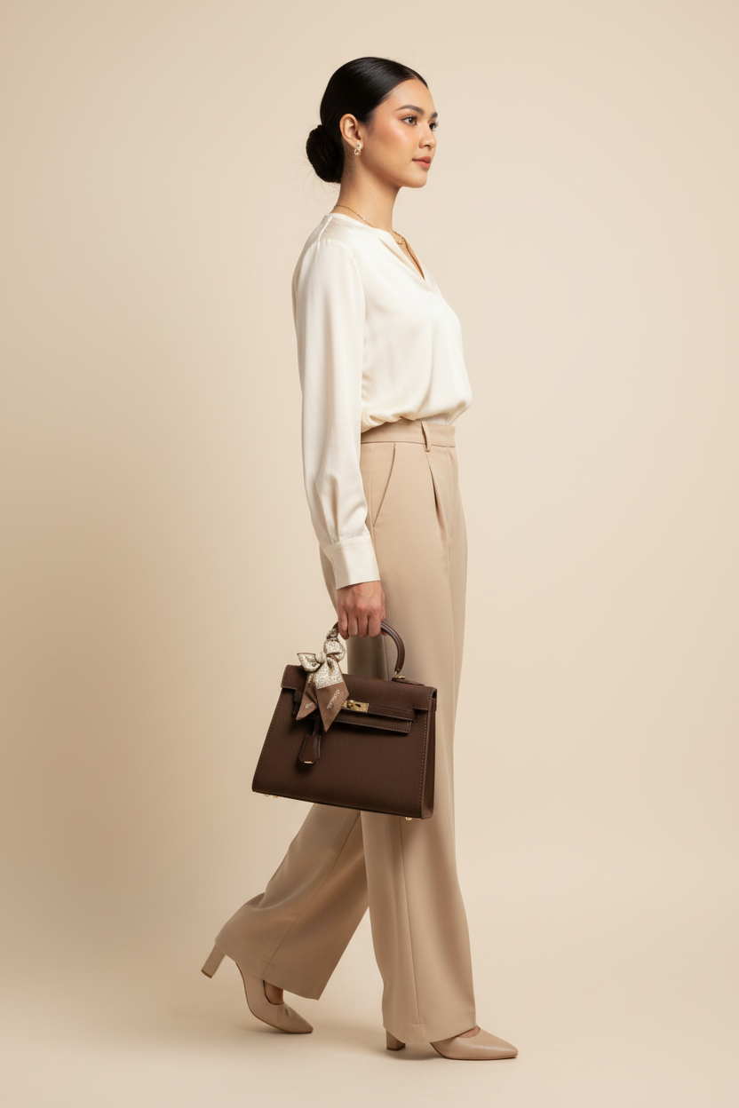 Chrisbella dark brown luxury handbag with gold lock hardware and decorative scarf for women in UAE