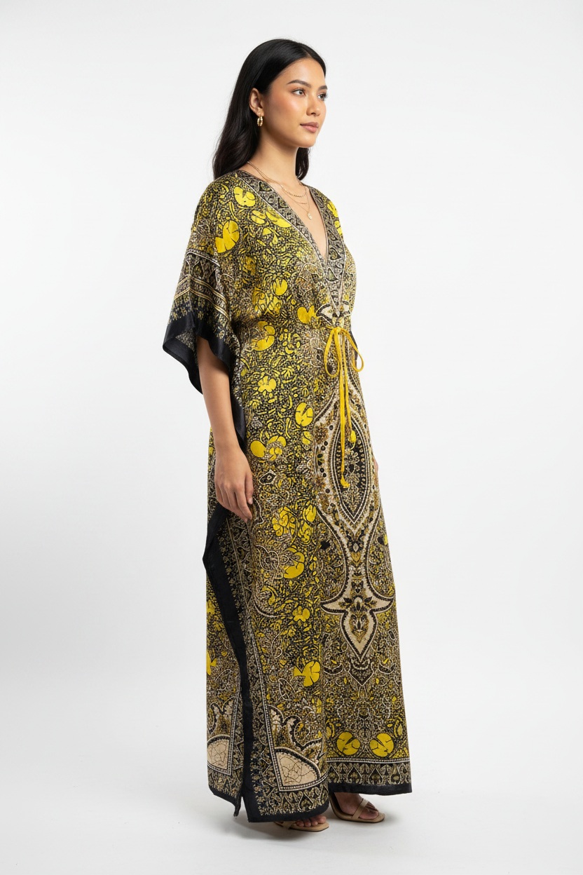Premium yellow kimono long dress for women