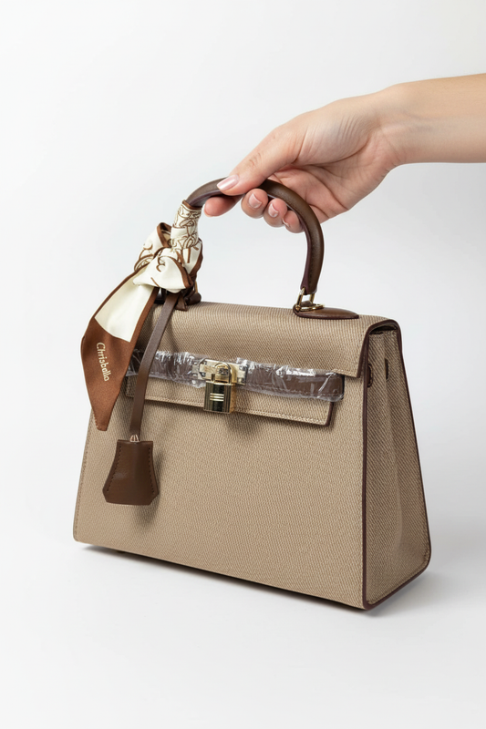 Chrisbella khaki luxury handbag with silver lock hardware and decorative scarf for women in UAE
