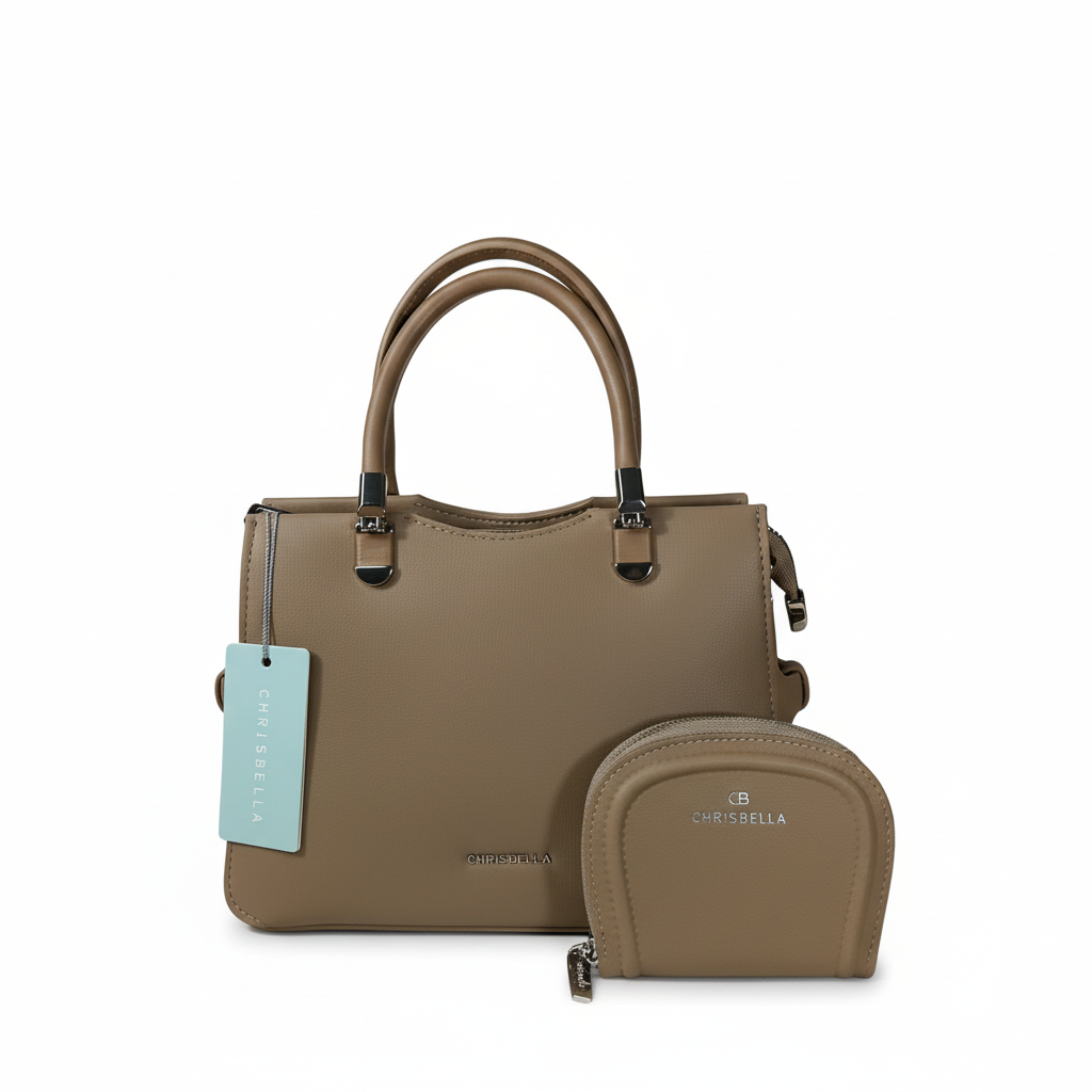 Chrisbella mini taupe brown luxury handbag with adjustable sling and matching pouch for women in UAE