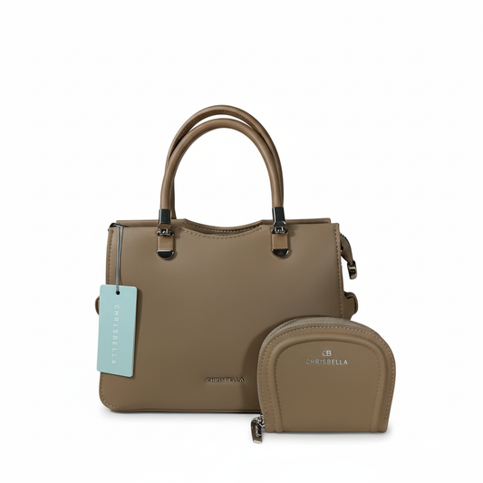 Chrisbella mini taupe brown luxury handbag with adjustable sling and matching pouch for women in UAE