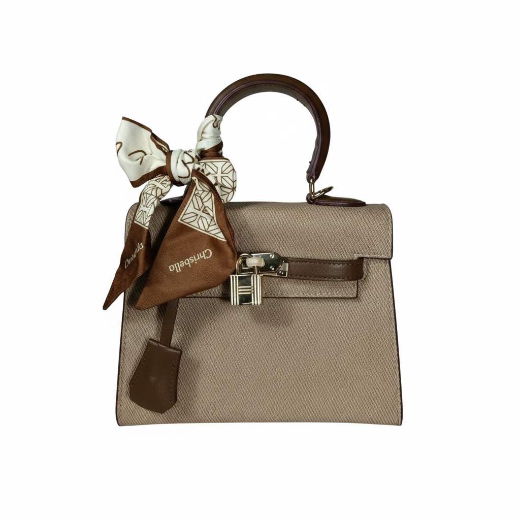 Chrisbella mini khaki luxury structured handbag with decorative scarf and lock detail for women in UAE