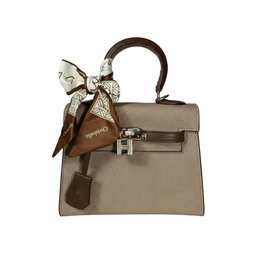 Chrisbella mini khaki luxury structured handbag with decorative scarf and lock detail for women in UAE